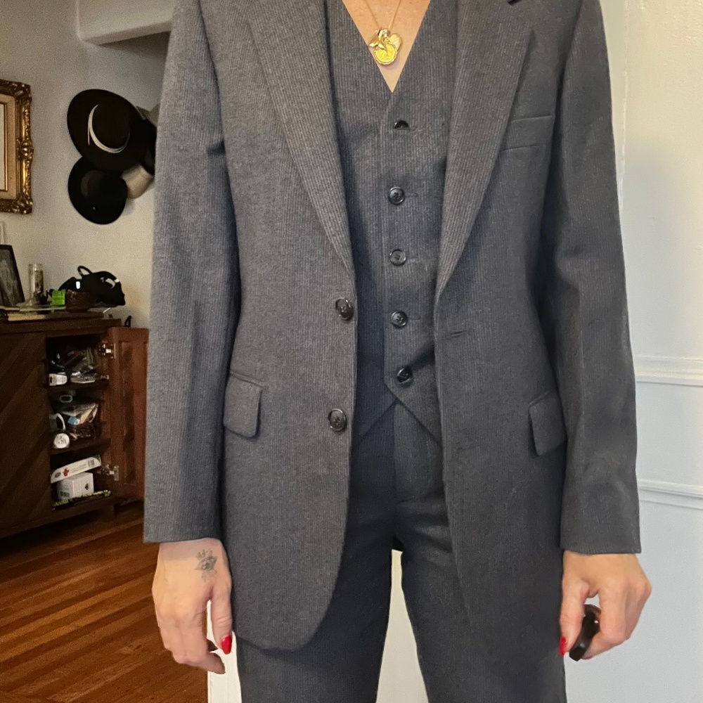 Vintage YSL Yves Saint Laurent 3 piece suit grey pinstripe